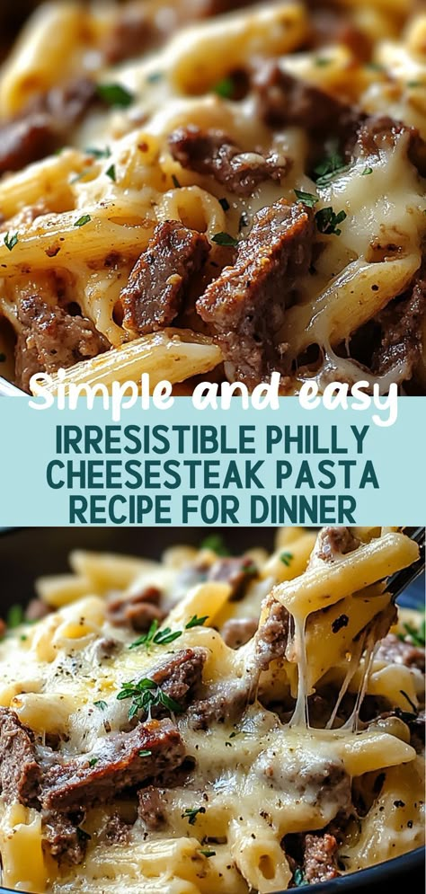 Elevate your weeknight meals with this mouthwatering Philly Cheesesteak Pasta Recipe! This dish combines tender beef, sautéed peppers, and onions enveloped in a creamy cheese sauce, all tossed with your favorite pasta. Perfect for family dinners, it brings the flavors of a classic cheesesteak into a comforting bowl. Easy to customize with your choice of veggies, this recipe will have everyone asking for seconds! Discover how to make this delightful dish that’s sure to impress! Philly Cheese Steak Pasta Skillet, Steak Tip Pasta Recipes, Recipes Using Steak Meat, Steak And Cheese Pasta, Pasta Steak Recipes, Steakumm Recipes Ideas, Healthy Philly Cheese Steak, Leftover Steak Ideas, Steak And Pasta Recipes