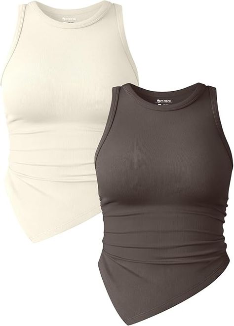 OQQ Women's 2 Piece Tank Tops Ruched Crew Neck Sleeveless Basic Stretch Tee Shirts Tea Leaf Beige at Amazon Women’s Clothing store Amazon Basics Clothing, Basics Clothing, Asymmetrical Shirt, Neutral Tops, Amazon Basics, Tank Top Dress, Online Fashion Stores, Office Outfits, Amazon Women