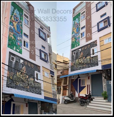 Wall murals are an incredible way to bring personality and creativity to any space, whether it is a home, office, retail space, or an outdoor space. #3D #Mural #art #designs, #Decorative, #Wallmurals, #India, #Ganesha, #Elevation, #horse, #sculpture, #radha, #Krishna, #wall, #building, #decor, #sun, #Buddha, #lotus, #trees, #cement, #Hyderabad ONE STOP SOLUTION TO YOUR ENTIRE DOMESTIC, COMMERCIAL & INDUSTRIAL PAINTING & DECORATING FOR INTERIOR EXTERIOR WORKS. 8333833355, 04040033355 3d Mural Art, Indian House Exterior Design, Wall Building, Industrial Paintings, 3d Mural, 3d Wall Painting, Indian House, Architect Design House, Indian Homes