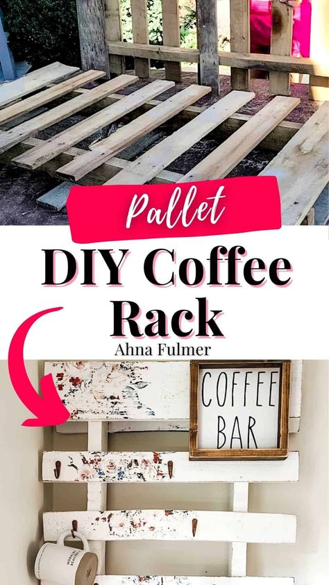 Need a cute idea for your coffee bar? Grab the next free pallet rack you find, and make this DIY farmhouse-style coffee mug rack! Tap on this pin for this DIY tutorial and more with Ahna Fulmer // HammersNHugs.com. #coffeebar #diy #homeproject Coffee Cup Holder Diy, Coffee Cup Storage, Coffee Mug Rack, Coffee Cup Rack, Coffee Cups Diy, Coffee Mug Display, Mug Storage, Diy Farmhouse Style, Coffee Mug Holder