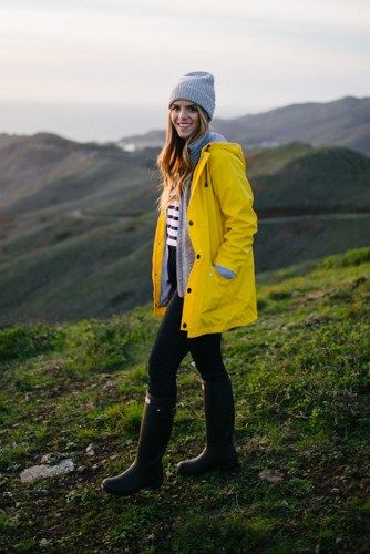 2.16 marin headlands (Petit Bateau yellow raincoat + Patagonia 'better sweater' fleece jacket in marl grey + J Crew striped sweater in cream & navy + J Crew 'toothpick' jean in classic rinse + Hunter boots + APC beanie) Yellow Jacket Outfit, Yellow Rain Coat, Winter Camping Outfits, Rainy Day Outfit Winter, Yellow Rain Jacket, Marin Headlands, Rain Outfit, Raincoat Outfit, Hiking Outfit Women