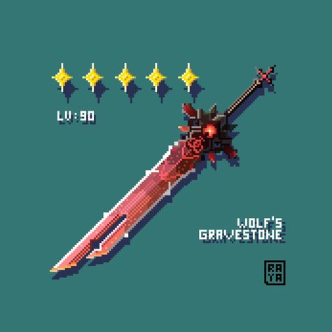 It's a red claymore. A big sword with dark aura. And a big red gemstone on tha hilt. Cute Pixel Art Character, Hand Pixel Art, Wolf's Gravestone, Hama Art, Art Cube, 8 Bit Art, Anime Artist, Fantasy World Map, Pixel Art Tutorial