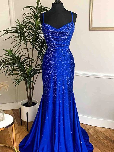 A-Line Evening Dresses Online Royal Blue Long Silk like Satin 2023 is made-to-order by professional tailors. You can choose from 40+ colors and sizes 2 to 16W. This chic dress is also perfect as your wedding guest dress. Product Details: Season:Spring,Summer,Fall,Winter;Waist:Natural;Back_style:Lace Up;Silhouette:A-line/Princess;Fabric:Satin;Embellishment:Ruffles;Neckline:Spaghetti Straps;Sleeve:Sleeveless;Hemline_train:Sweep/Brush Train;Shown_color:Dark Navy Backless Mermaid Prom Dresses, Royal Blue Bodycon Dress, Prom 2022, Dress With Rhinestones, Blue Bodycon Dress, Prom Dresses Long Mermaid, Royal Blue Prom Dresses, Prom Dress Inspiration, Cute Prom Dresses