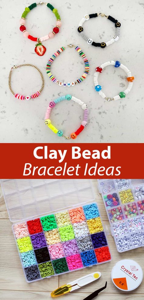 Clay Bead Bracelet - Ideas - A Beautiful Mess Bracelet Ideas Tutorial, Marble Clay Ring Dish, Diy Bracelets Step By Step, Clay Bead Bracelets Ideas, Clay Bead Designs, Bead Bracelets Ideas, Clay Beads Bracelet Ideas, Beads Bracelet Ideas, Clay Bead Bracelet Ideas