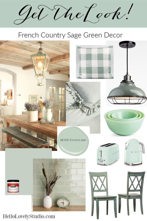 French Country Sage Green Decor - Get the Look on Hello Lovely Studio. #frenchcountry #homedecor #sagegreen Sage Green French Country Kitchen, Sage Green And Blue Kitchen Decor, Sage Kitchen Decor, Farmhouse Credenza, French Rustic Decor, Sage Green Decor, French Country Lighting, Country Interior Design, French Interior Design