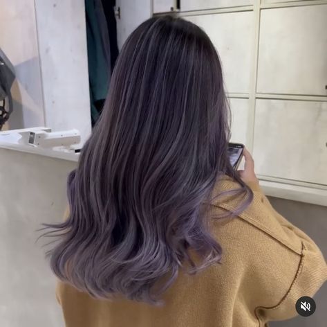 Ash Purple Highlights On Dark Hair, Purple Ash Grey Hair, Two Tone Lavender Hair, Ash Purple Hair Highlights, Ash Brown Hair With Purple Highlights, Dusty Purple Highlights, Taro Hair Color, Light Purple Gray Hair, Dark Ash Lavender Hair