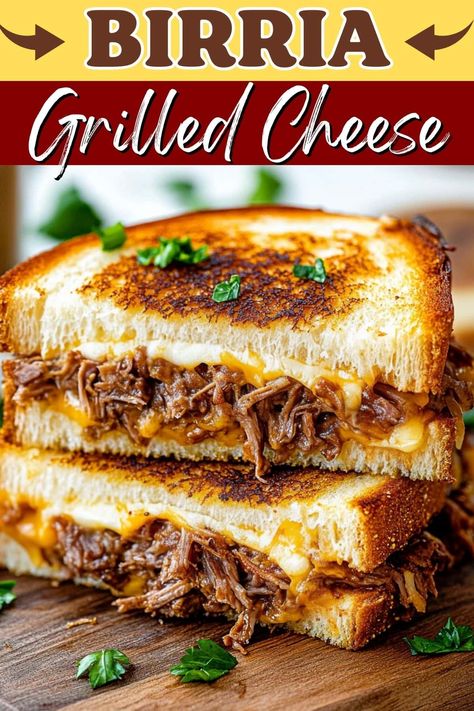 This birria grilled cheese is a tasty grown-up take on a classic! With tender beef, a savory sauce, and combo of cheeses, it's totally irresistible. Roast Beef Grilled Cheese Sandwich, Pot Roast Grilled Cheese Sandwich, Birra Grilled Cheese, Birria Grilled Cheese Sandwich, Beef And Cheddar Arby’s, Roast Beef Grilled Cheese, Birria Grilled Cheese, Grown Up Grilled Cheese, Fancy Grilled Cheese Recipes