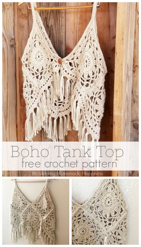 Crochet boho tank top. Crochet top. 10ply 169m/100g x 3. 4.5mm hook. Free download from hookedonhomemadehappiness.com. Saved to Evernote. Tank Top Crochet Pattern, Tank Top Crochet, Top Crochet Pattern, Irish Crochet Dress, Boho Tank Top, Stil Boho, Haken Baby, Crochet Tank, Crochet Diy