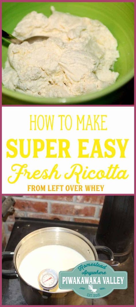 Not sure what to do with your leftover whey? Don't throw it out! Make this super easy fresh ricotta with it! #recipe Homemade Cheeses, Whey Recipes, Cheese Recipes Homemade, Cheese Making Recipes, Ricotta Cheese Recipes, Goat Milk Recipes, Fresh Ricotta, Mozzarella Recipes, Ricotta Recipes