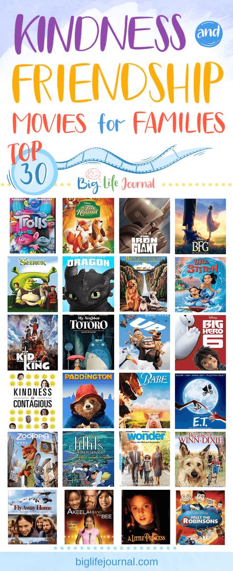 Top 30 Kindness and Friendship Movies for Families – Big Life Journal Films For Family, Summer Movies For Kids, Best Family Movies Of All Time, Educational Movies For Kids, Family Night Movies, Family Movies To Watch For Kids, Christian Movies For Kids, Wholesome Family Movies, Movies About Friendship