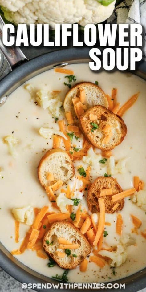 Make a low carb version of our cauliflower soup easily—just leave out the potato. This healthy soup can be curried, vegetarian, or customized as a loaded version with keto ham and cheese. #spendwithpennies #cauliflowersoup #soup #recipe #creamof #healthy #creamy #cheesy #easy #potato #instantpot Cream Of Califlour Soup Recipes, Cream Of Cauliflower Soup Instant Pot, Cauliflower Soup Recipes Crockpot, Cauliflower Instant Pot Recipes, Cauliflower Soup Crockpot, Cream Of Cauliflower Soup Recipe, Instant Pot Cauliflower Soup, Cream Of Cauliflower Soup, Easy Cauliflower Soup