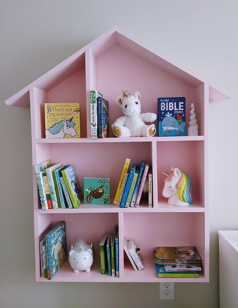 Kids bedroom wall mounted bookshelf Kids Room Shelf, Girls Bookshelf, Pink Bookshelves, Mounted Bookshelf, Kids Room Shelves, Dollhouse Bookcase, Bookshelves In Bedroom, Wall Mounted Bookshelves, Kids Bedroom Walls