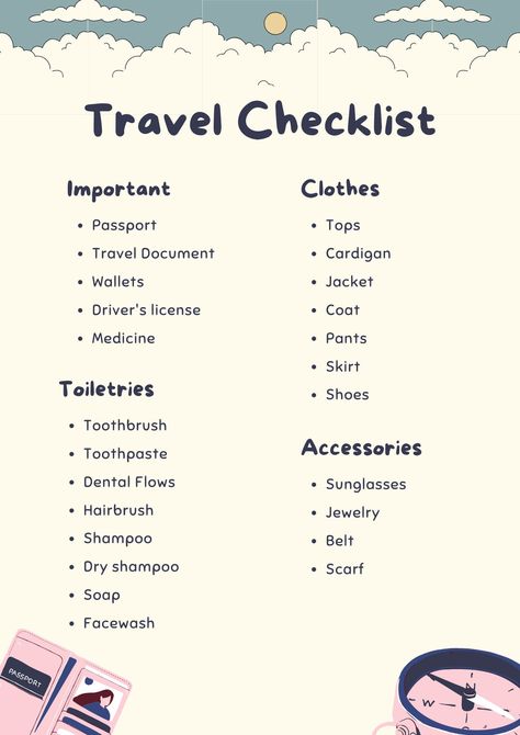 When taking a holiday or vacation, there are several things to consider. Although you want to be ready, you also don't want to stress too much. We've got you covered with our helpful Modern Travel Checklist! We give you a customized list of things to bring as well as advice on how to enjoy your trip even more. This Modern Travel Checklist is a one-page A4 Size printable List in PDF format. THIS ITEM IS AN INSTANT DOWNLOAD. YOU WILL NOT RECEIVE A PHYSICAL ITEM. HOW TO USE 1. Purchase this listing Packing Lists For Vacation, Work Trip Packing List, Vacation To Do List, Family Packing List, Checklist Travel, Travel Packing Checklist, Travel Packing List, Travel Bag Essentials, Holiday Travel Destinations