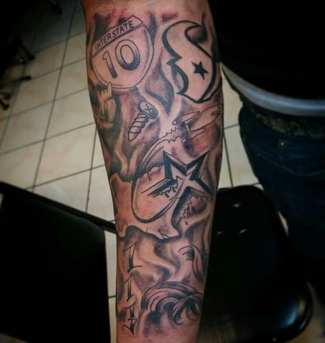 Texas collage tattoo idea Houston Tx Tattoos Ideas, Texas Arm Sleeve Tattoo, Screwston Texas Tattoos, Houston Tattoos Sleeve, Texas Made Tattoo, Texas Tattoo For Men, Texas Themed Tattoos, Texas Tattoo Ideas, Houston Texas Tattoos