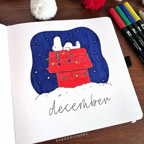 SHEdesignsKC on Instagram: "Gah! I love Snoopy and the Peanuts gang so much! And if y’all aren’t aware, just about every brand out there has a Peanuts collection lately. Or maybe they always have, but my social media accounts are blowing up with Peanuts ads. They’ve got me pegged. Hope you enjoy this classic Snoopy cover spread for December! Save 10% on your Archer and Olive purchases with my code SHEDESIGNSKC10! . . Supplies used: Journal: @archerandolive Pens: @tombowusa - Dual brush pens @ Snoopy Bullet Journal, December Journal Cover, Bullet Journal December Cover, December Calendar Ideas, December Doodles, December Bullet Journal Cover, December Journal, Christmas Bullet Journal, Bullet Journal Month Cover