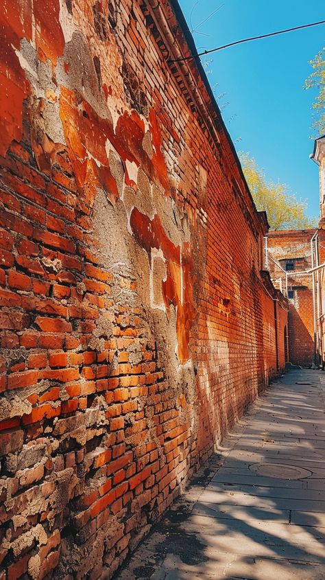 Weathered Brick Alley: A narrow alleyway flanked by an old weathered brick wall bathed in natural sunlight. #alley #brick #wall #weathered #sunlight #aiart #aiphoto #stockcake ⬇️ Download and 📝 Prompt 👉 https://ayr.app/l/L7UK Brick Wall Photography, Square Prism, Brick Wall Texture, Old Brick Wall, City Flowers, Brick Texture, Urban Graffiti, Brick Road, Brick Facade