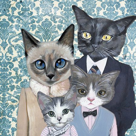 Family Portrait l Cats In Clothes, Elegant Animals, Meow Art, Cat Art Illustration, Family Painting, Siberian Cat, Cat Artwork, Cat Family, Cat People