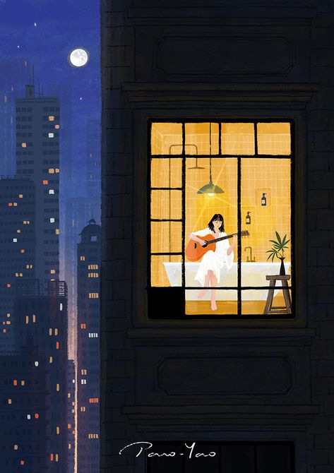 Paco_Yao , illustration，Night, city, window, lady, playing guitar, alone. Paco Yao, Wattpad Background, Easy Landscape Paintings, Building Drawing, Pub Decor, Pretty Drawings, Simple Illustration, Art Wallpaper Iphone, Learn Art