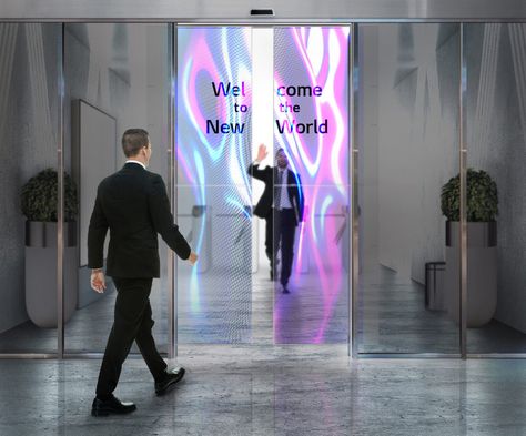 Glass Office Doors, Fashion Installation, Automatic Sliding Doors, Digital Signage Displays, Innovative Office, Transparent Screen, Concrete Interiors, Interactive Walls, Smart Glass