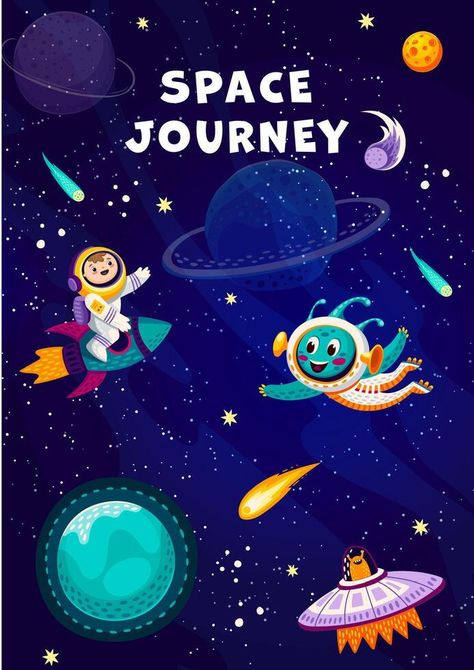 Cartoon alien UFO saucer, kid astronaut in space Space Day, National Science Day, Space Banner, Cartoon Alien, Cartoon Space, Astronaut In Space, Space Animation, Vector Frame, Space Poster