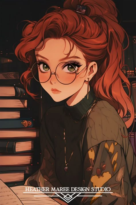 Explore the captivating world of character art with this digital illustration. A pretty girl with auburn hair sits at a desk, surrounded by books, creating a moody aesthetic. The round-frame glasses add an intriguing touch to her character design. Perfect for anime PFP enthusiasts, this illustration beautifully captures the essence of dark academia #MoodyAesthetic #DarkAcademia #LockScreenWallpaper #WallpaperBackgrounds Female Character Design Anime, Wallpaper Backgrounds Lockscreen, Character Inspiration Female, Art Character Inspiration, Red Hair And Glasses, Surrounded By Books, Character Design Anime, Academia Aesthetic Wallpaper, Redhead Characters