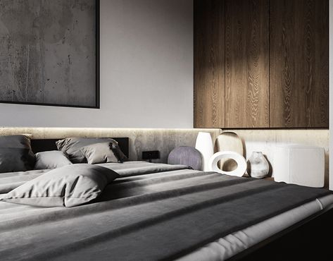 Project - concrete CGI on Behance Monochrome Apartment, Bachelor's Pad, Master Bedrooms Behance, Modern Minimalist Interior Design, Modern Apartment Interior, Bedroom Interior Design Luxury, Minimalist Interior Style, Bed Sheet Set, Luxurious Bedroom