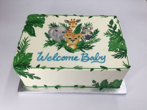 Jungle Sheet Cake, Safari Baby Shower Boy Cake, Safari Sheet Cake, Safari Cake Design, Animal Cake Designs, Jungle Baby Shower Cake, Baby Shower Verde, Jungle Theme Cake, Baby Shower Sheet Cakes