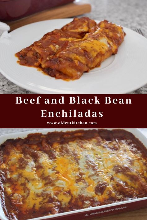 Beef and Black Bean Enchiladas Ground Beef And Black Bean Enchiladas, Beef Bean And Cheese Enchiladas, Beef And Bean Enchilada Casserole, Beef And Bean Enchiladas With Red Sauce, Beef And Black Bean Enchiladas, Beef And Bean Enchiladas, Beef And Black Bean, Enchiladas Beef, Bean And Cheese Enchiladas