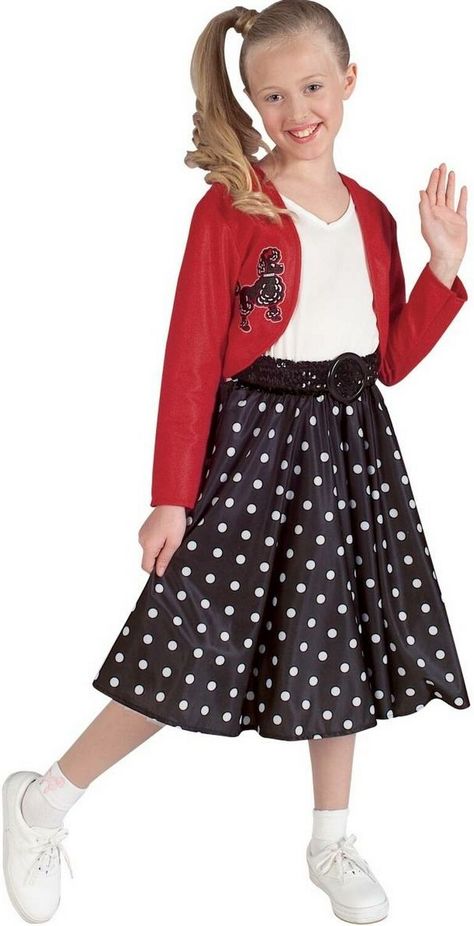 Polka Dot Rocker Kids Costume This outfit includes all three pieces and is available in several sizes! Rocker Girl Costume, Kids 50s Costume, 50s Style Outfits, Poodle Skirt Costume, 50s Outfit, Rocker Costume, 50s Costume, 50s Outfits, Sock Hop