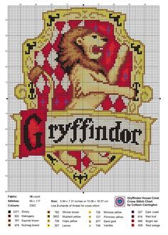 The World In Stitches — Gryffindor House Crest cross stitch chart, the... Gryffindor House Crest, Harry Potter Cross Stitch Pattern, Cross Stitch Harry Potter, Harry Potter Cross Stitch, Gryffindor House, Gryffindor Crest, Hogwarts Crest, Disney Cross Stitch, Pola Kristik