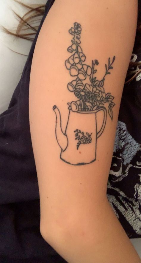 watercan tattoo, floral tattoo Traditional Watering Can Tattoo, Watering Can With Flowers Tattoo, Watering Can Tattoo Ideas, Watering Can Tattoo, Can Tattoo, Tattoo Floral, Get A Tattoo, Watering Can, Flower Tattoos