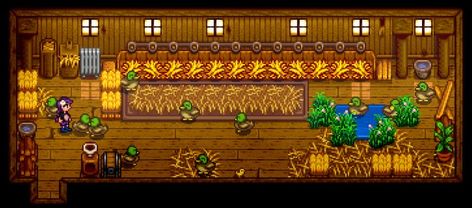 the coop decorated for the ducks in Stardew Valley Stardew Valley Coop, Coop Layout, Stardew Farms, Stardew Valley Layout, Stardew Valley Tips, Stardew Valley Farms, Valley Game, Duck Coop, Coop Design