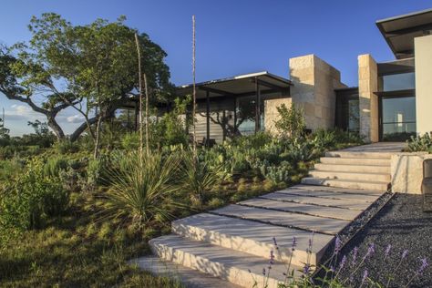 On the mesa’s tabletop sits an L-shaped main house with rough Texas limestone walls, metal-framed windows, and black louvered jalousies. Hill Country Landscape, Texas Ranch Homes, Texas Limestone, Framed Windows, Texas Landscaping, Lake Flato, Texas Landscape, Texas Hills, Country Landscape