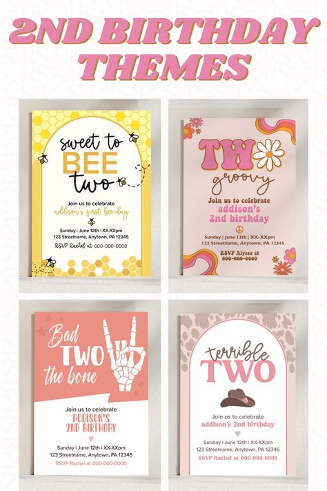 adorable second birthday invite ideas for a girl 2nd birthday party Sweet to Bee Two | Two Groovy | Bad Two The Bone | Terrible Two Cowgirl Girl Second Birthday Themes, Girls Second Birthday, Bad Two The Bone, 2nd Birthday Invite, Two Groovy, Second Birthday Party, Two Two, Second Birthday Ideas, Terrible Twos