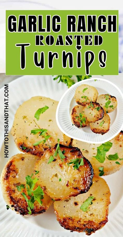 Perfectly seasoned with a blend of garlic and ranch, these turnips are roasted to crispy perfection. Whether you're looking for a healthy alternative to potatoes or just something new to try, this recipe is sure to be a hit at your next meal. #GarlicRanchTurnips #RoastedTurnips #HealthyEating #VegetableRecipes #SideDish #EasyRecipes #HealthyAlternative #LowCarb #GlutenFree #DinnerIdeas #Yummy Easy Turnip Recipes, Recipe For Turnips, Turnip And Parsnip Recipes, Meals With Turnips, Cooking Turnips Recipe, Thanksgiving Turnip Recipe, Roasted Turnips Root Vegetables, Fried Turnips Recipes, How To Eat Turnips