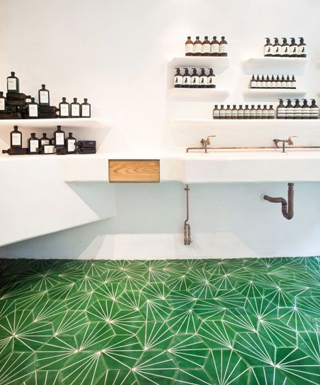 Aesop Covent Garden by Ciguë Aesop Store, Soho Beach House, Terrace Floor, Covent Garden London, Pink Tiles, Cement Floor, Green Tile, Design Del Prodotto, Covent Garden