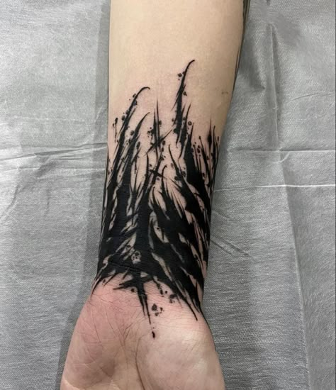 Blackout Wrist Tattoo, Metal Tattoos For Guys, Dark Wrist Tattoos, Sci Fi Tattoo Ideas, Black Flame Tattoo, Dark Tatoos Ideas, Black Metal Tattoo, Dark Gothic Tattoo, Berserk Tattoo Ideas