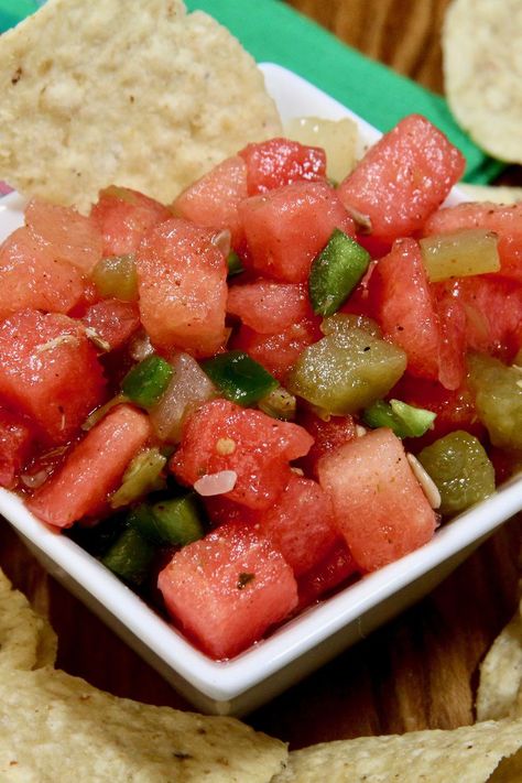 Spicy Watermelon Salsa Spicy Watermelon, Sweet Salsa, Watermelon Salsa, Chile Peppers, Cut Watermelon, Mexican Foods, Snack Dip, Recipes Appetizers And Snacks, Just Eat It