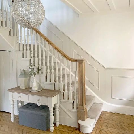 13 Inviting Egyptian Cotton Hallway Ideas For A Lasting Impression 1 Hallway Wall Panelling, Egyptian Cotton Paint, Grey And White Hallway, Modern Victorian Design, Dulux Egyptian Cotton, Wall Panelling Ideas, What Wallpaper, Hallway Colour Schemes, Cozy Grey Living Room