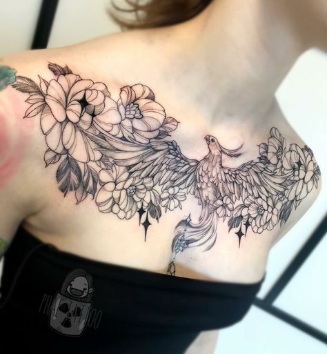 12+ Amazing PHOENIX TATTOO DESIGNS & Their MEANINGs - updated 2023 14 Japanese Chest Tattoo Female, Phoenix Collar Bone Tattoo, Back Phoenix Tattoo Women, Phoenix Tattoo Chest Woman, Pheonix Tattoo For Women On Chest, Floral Phoenix Tattoo, Orchid Chest Tattoo, Fire Chest Tattoo, Phoenix Sternum Tattoo Women