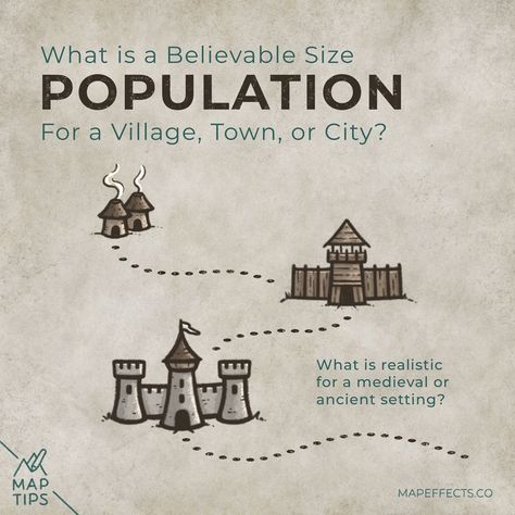 Population Size for a Village, Town, or City - What’s Believable? Fantasy Map Landmarks, Fantasy Map Village, Map Effects, Village Drawing, Map Sketch, Fantasy Map Making, Village Map, Fantasy Village, Fantasy World Map