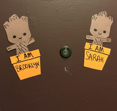 Baby Groot door decs Guardians Of The Galaxy Door Decorations, Dorm Room Door Signs Diy, Spring Semester Door Decs, Coffee Door Decs, Marvel Door Decs, Door Decs For Ra, Door Dec Ideas College, Door Tags College, Door Deck Ideas Dorm