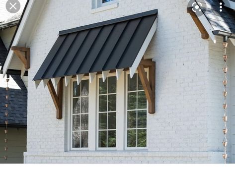 Metal Awnings For Windows, House Awnings, Metal Awning, Window Awning, Painted Brick House, Exposed Rafters, Window Awnings, Standing Seam, Exterior Remodel