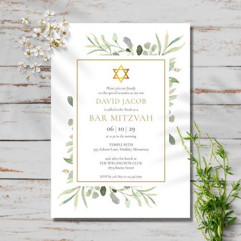 $2.92 | Watercolor Greenery Bar Mitzvah Bat Mitzvah #bar mitzvah, bat mitzvah, modern star of david, jewish, gold geometric, watercolor greenery, elegant, modern, trendy, foliage Bat Mitzvah Gift Ideas, Sage Background, Silver Sage, Bar Mitzvah Invitations, Delicate Watercolor, Bat Mitzvah Invitations, Bat Mitzvah Gifts, Watercolor Greenery, Watercolor Leaves