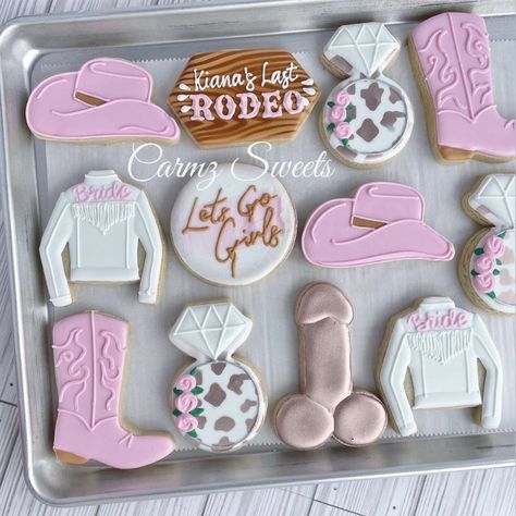 Last rodeo, bridal shower, bridal shower cookies, western bridal shower Last Rodeo Bachelorette Cake, Getting Hitched Bridal Shower Ideas, Cowgirl Bridal Shower Cookies, Pink Cowgirl Bridal Shower Ideas, Last Rodeo Bachelorette Cookies, Hen Do Last Rodeo, Bridal Shower Cowgirl Theme, Last Rodeo Hen Do, Rodeo Bridal Shower Ideas