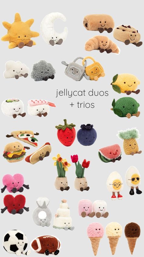 Matching Jelly Cats For Best Friends, Jellycat Clay Ideas, Trio Jelly Cats, Jelly Cat Clay Ideas, Jellycat Duos, Cutest Jellycat, Matching Jelly Cats, Matching Jellycats, Jellycat Collection