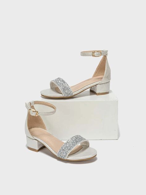 Girls Glitter Ankle Strap Sandals | SHEIN UK High Heels For Kids, Event Shoes, Kids Heels, Fancy Sandals, Silver High Heels, Cute Shoes Heels, Classic Heels, Silver Sandals