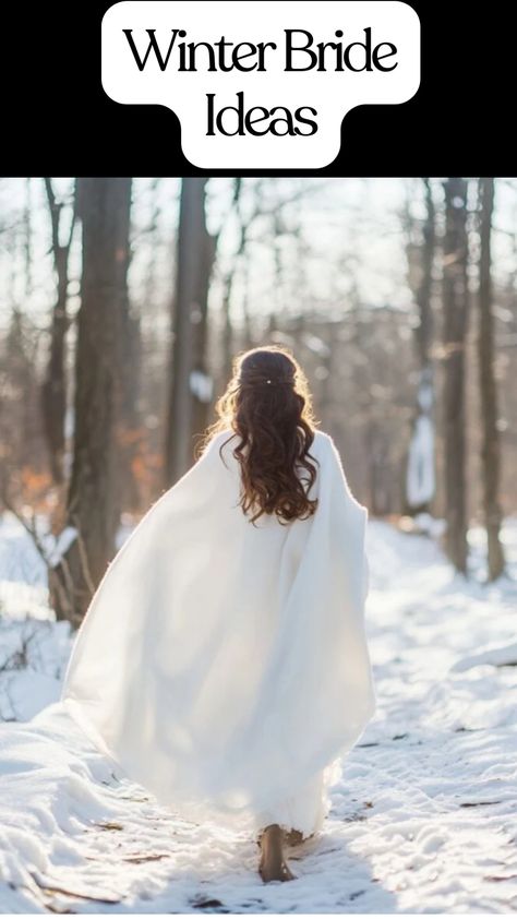 A winter bride wearing a bridal cape with her groom, surrounded by snow, showcasing cozy yet stylish wedding attire. Winter Wedding Wrap, Winter Wedding Modern, Winter Wedding Bride Shoes, Winter Wedding Dress Coverups, Winter Bride Dress, Hen Do Outfit Ideas, Winter Elopement Dress, Reception Outfit For Bride, Elegant Nail Ideas