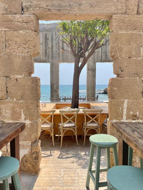 Lebanese style old house turned into a restaurant by the sea in Batroun, Lebanon Lebanon Beach Aesthetic, Batroun Lebanon Beaches, Batroun Lebanon Aesthetic, Beirut Lebanon Aesthetic, Lebanese Traditions, Lebanese Aesthetic, Lebanon Aesthetic, Lebanon Beaches, Lebanon Restaurant