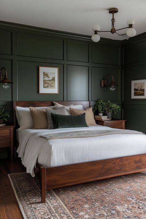 Deep tones like dark green and rich brown | Bedroom Aesthetic Woodhead Board Bedroom, Natural Wood Trim Bedroom, Dark Green Beige Bedroom, Green Room With Brown Furniture, Dark Green Room With Gold Accents, Hunter Green Bedroom Walls, Dark Green Accent Bedroom, Dark Green Painted Bedroom, Green Bedroom With Wood Furniture